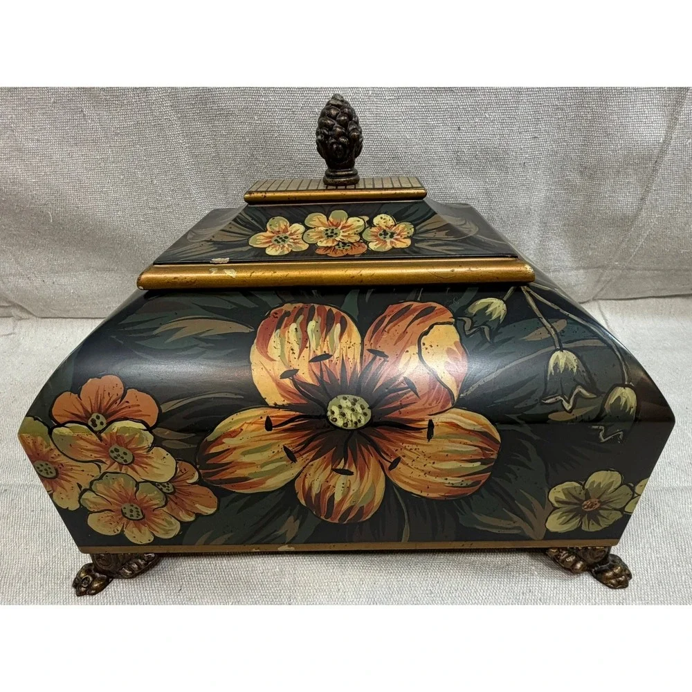 Vintage Floral Hand Painted Decorative Jewelry Box Lion Paw Feet Pinecone Finial